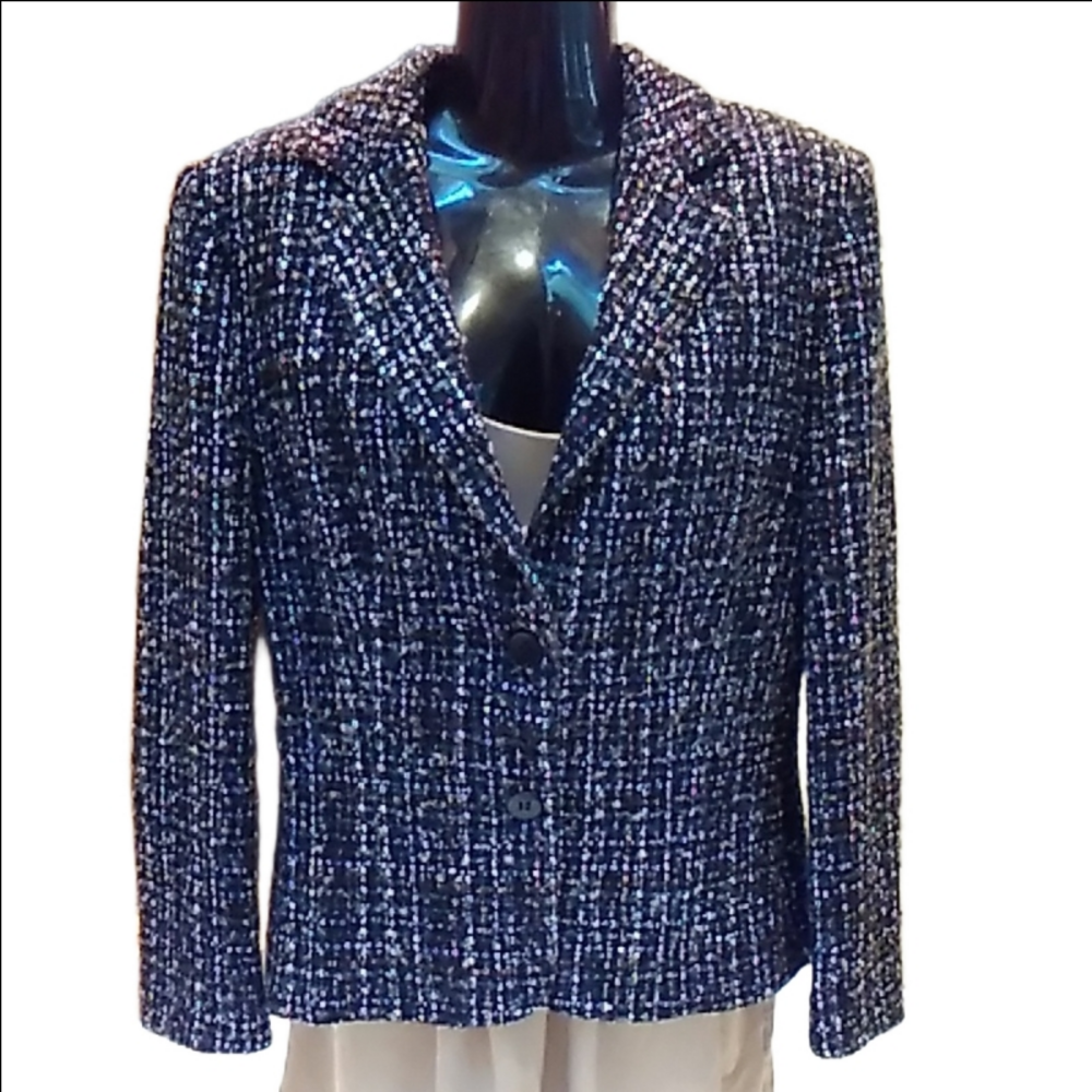 Vtg Textured Wool Blend Lined Cropped Blazer Black w Cream Specks  Marks Spencer